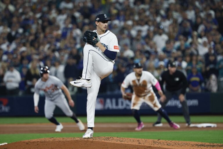 George Kirby #68 of the Seattle Mariners delivers the pitch against the Detroit Tigers