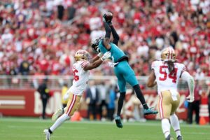 Travis Hunter #12 of the Jacksonville Jaguars in action during the NFL 2025 game between Jacksonville Jaguars and San Francisco 49ers