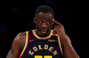 Draymond Green #23 of the Golden State Warriors reacts to a call in the fourth quarter against the New York Knicks