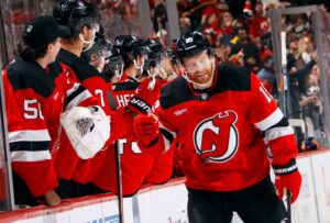 Connor Brown #16 of the New Jersey Devils celebrates his third period goal against the Edmonton Oilers.
