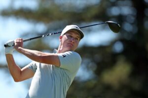 McCarty of the United States plays his shot from the first tee during the final round of the Procore Championship 2025 at Silverado Resort and Spa.