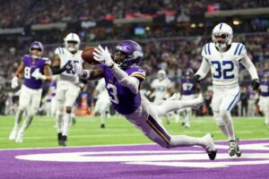 Jordan Addison #3 of the Minnesota Vikings catches a touchdown pass during the third quarter against the Indianapolis Colts