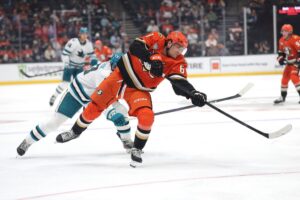 Cutter Gauthier #61 of the Anaheim Ducks shoots the puck against the San Jose Sharks.