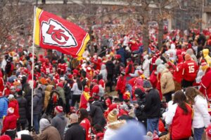 Chiefs fans gather for the Kansas City Chiefs Super Bowl LVII victory parade in Kansas City, Missouri.