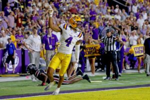 Cornerback Mansoor Delane #4 of the Louisiana State Tigers celebrates a pass defense during the game against the South Carolina Gamecocks