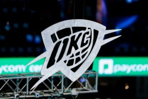 The Oklahoma City Thunder logo hangs from the arena ceiling at Paycom Center in Oklahoma City, Oklahoma.