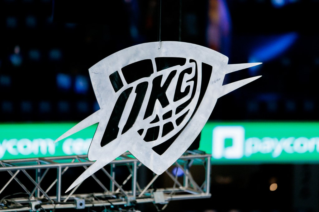 The Oklahoma City Thunder logo hangs from the arena ceiling at Paycom Center in Oklahoma City, Oklahoma.