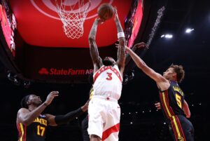 Toronto Raptors' Brandon Ingram, one of our top NBA player props today, attacks the basket against the Atlanta Hawks
