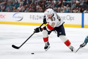 Florida Panthers' Brad Marchand, a player featured in our NHL parlays today, in action against the San Jose Sharks.