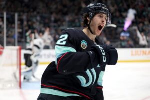 Tye Kartye #12 of the Seattle Kraken, one of our top NHL picks today, celebrates a shorthanded goal against the Los Angeles Kings.