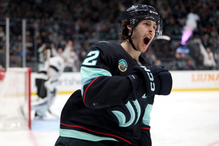 Tye Kartye #12 of the Seattle Kraken, one of our top NHL picks today, celebrates a shorthanded goal against the Los Angeles Kings.