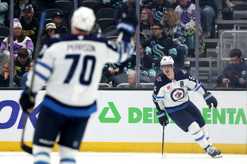 Mark Scheifele #55 of the Winnipeg Jets celebrates his goal during the second period against the Seattle Kraken.