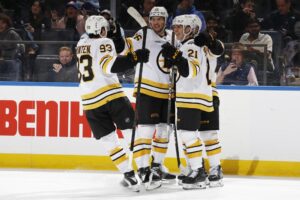 The Boston Bruins celebrate a goal scored by Alex Steeves #21 during the third period against the New York Islanders.