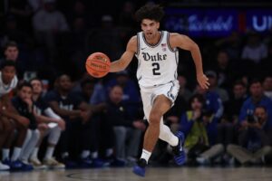 Cayden Boozer #2 of the Duke Blue Devils during the game against Kansas Jayhawks.