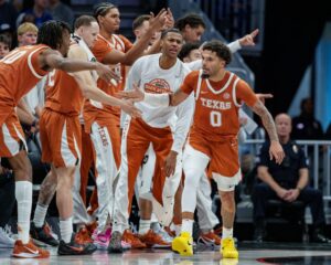 Jordan Pope #0 of the Texas Longhorns reacts in the second half against the Duke Blue Devils.