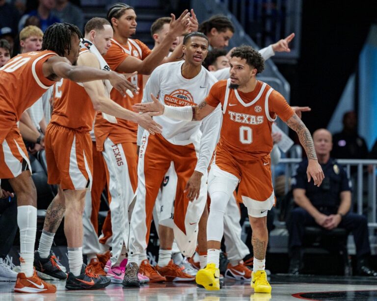 Jordan Pope #0 of the Texas Longhorns reacts in the second half against the Duke Blue Devils.