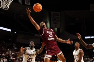 Duane Posey #23 of the Texas Southern Tigers jumps for a rebound during the game against Texas A&M Aggies.
