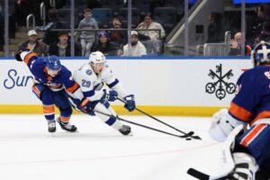The cover for this NHL parlay picks today article shows Pontus Holmberg #29 of the Tampa Bay Lightning skating against the New York Islanders.