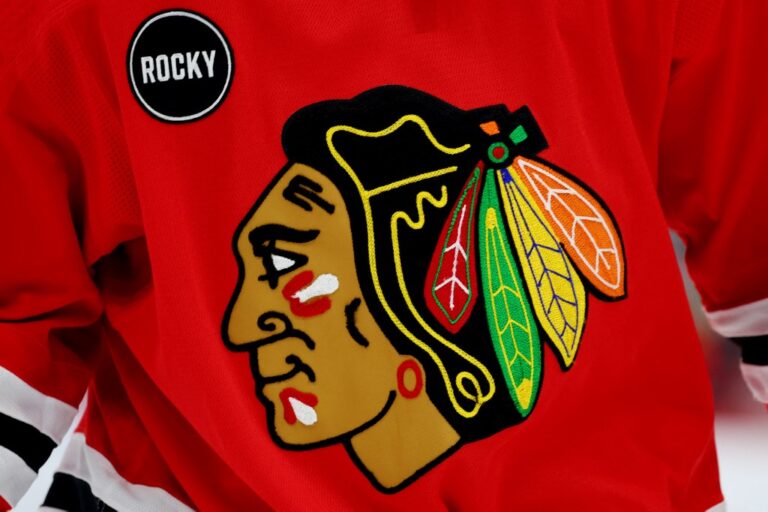 A detail of the Chicago Blackhawks logo on a jersey prior to the game against the Seattle Kraken