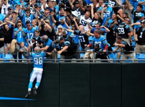 The Carolina Panthers fans celebrate after a play against the Jacksonville Jaguars