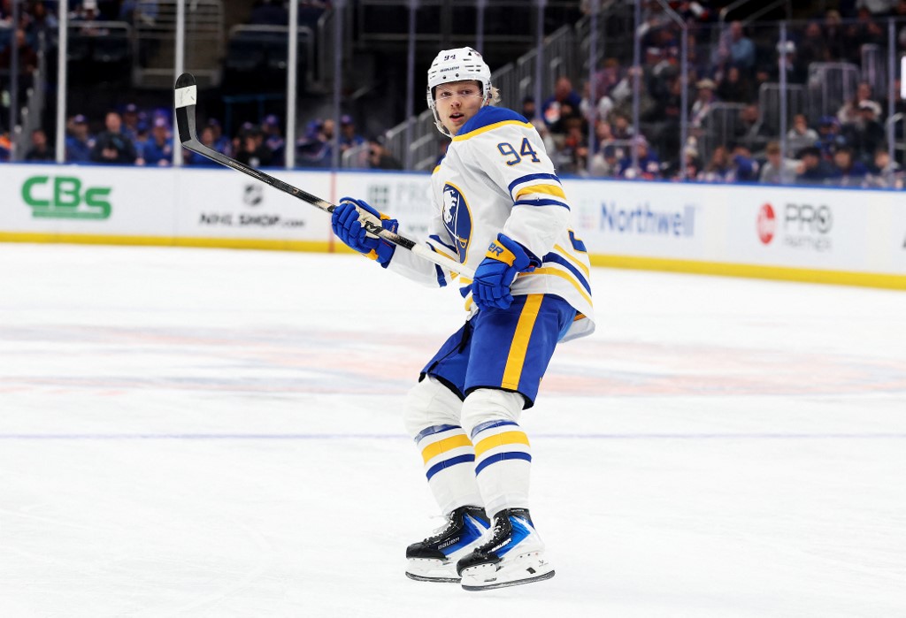 Konsta Helenius #94 of the Buffalo Sabres in action against the New York Islanders.