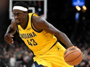 Pascal Siakam #43 of the Indiana Pacers goes to the basket against the Boston Celtics.