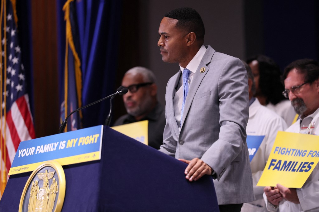 Rep. Ritchie Torres (D-NY) speaks during a press conference in New York City.