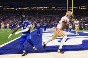 The cover for this nfl player props divisional round article shows Jauan Jennings #15 of the San Francisco 49ers celebrating after scoring a touchdown during the third quarter of the game against the Indianapolis Colts.