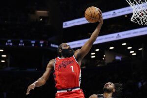 The cover for this NBA player props today article shows James Harden #1 of the LA Clippers in action against the Brooklyn Nets.
