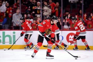 Nick Lardis #76 of the Chicago Blackhawks warms up prior to the game against the New York Islanders.