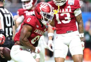 Kaelon Black #8 of the Indiana Hoosiers reacts after rushing for a touchdown against the Oregon Ducks.