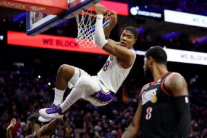 Rui Hachimura #28 of the Los Angeles Lakers dunks the ball during the second half against the Philadelphia 76ers.