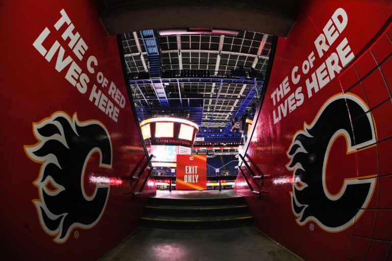 The exterior of the Scotiabank Saddledome, home of the Calgary Flames, in Calgary, Alberta, Canada.