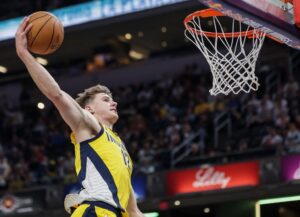 Johnny Furphy #12 of the Indiana Pacers goes up to dunk during the first half against the Cleveland Cavaliers.