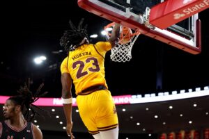 Allen Mukeba #23 of the Arizona State Sun Devils dunks the ball during the game against the Houston Cougars.