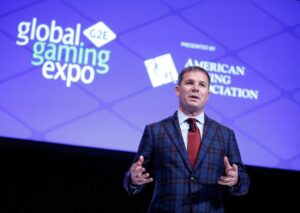 American Gaming Association CEO Geoff Freeman introduces Earvin 'Magic' Johnson prior to a keynote address at Global Gaming Expo