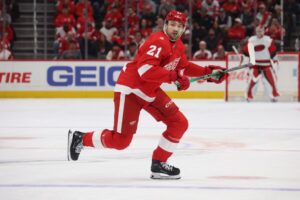 James van Riemsdyk #21 of the Detroit Red Wings plays against the Carolina Hurricanes.