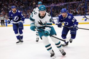 The cover for this NHL picks today article shows Zack Ostapchuk #63 of the San Jose Sharks skating against the Tampa Bay Lightning.