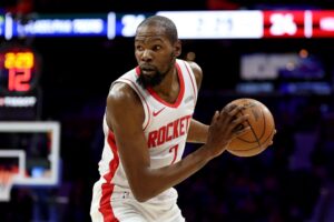Kevin Durant #7 of the Houston Rockets in action during a game against the Philadelphia 76ers.