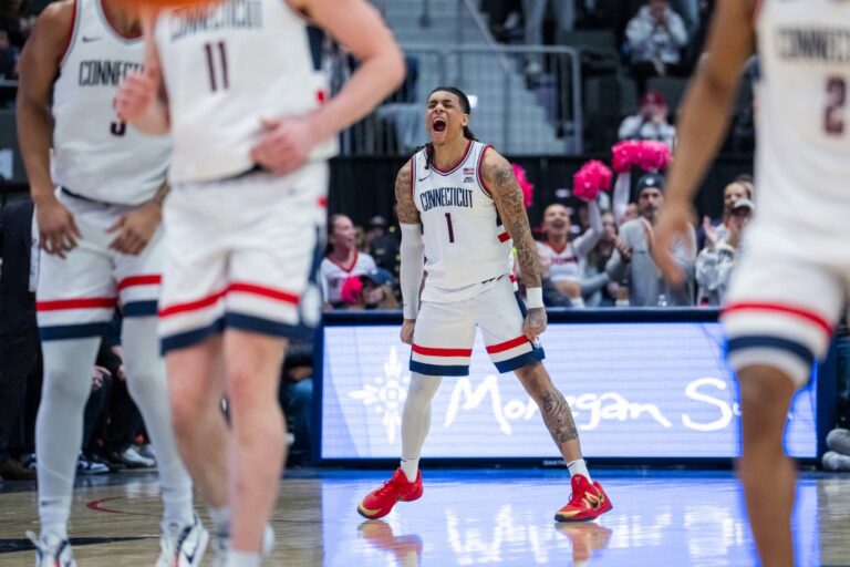 Solo Ball #1 of the Connecticut Huskies reacts during the second half of an NCAA men's basketball game against the Villanova Wildcats.