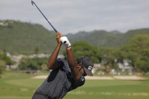 Sahith Theegala of the United States plays his shot from the seventh tee during the second round of the Sony Open in Hawaii 2026.