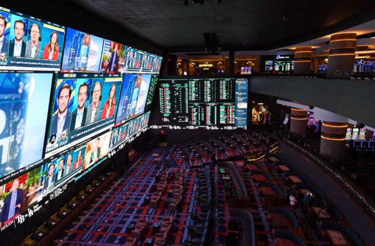 A view of the three-level Circa Sportsbook in Las Vegas, Nevada.
