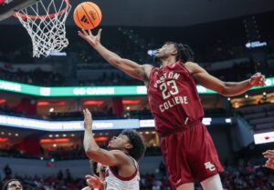 Aidan Shaw #23 of the Boston College Eagles snags a rebound during the first half against the Louisville Cardinals.