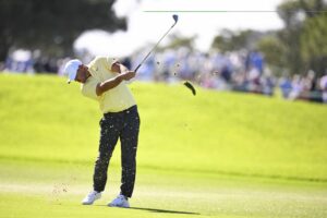Brooks Koepka of the United States plays a shot on the 18th hole during the final round of the Farmers Insurance Open 2026.