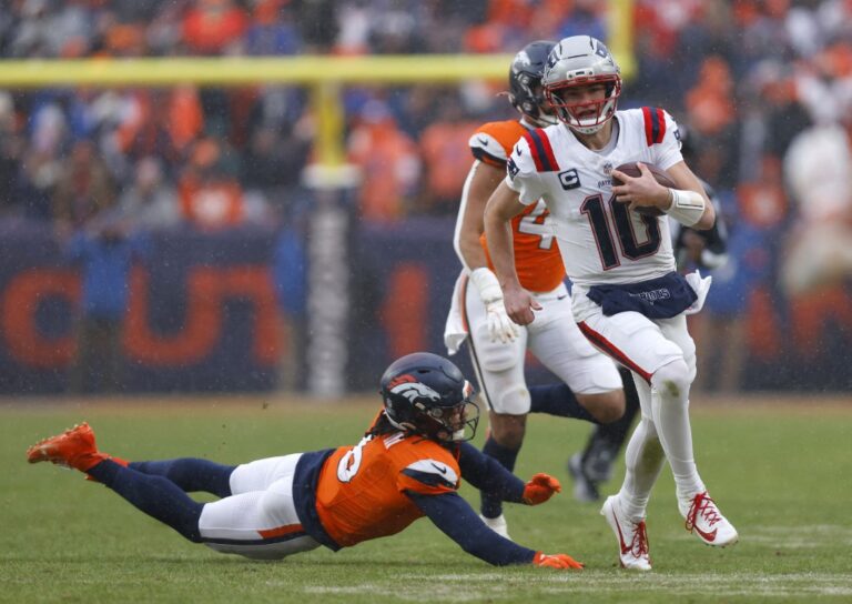 The cover for this NFL MVP bets for Super Bowl article shows Drake Maye #10 of the New England Patriots rushing for yards during the third quarter in the AFC Championship Playoff game against the Denver Broncos.