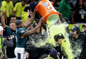 Head coach Nick Sirianni of the Philadelphia Eagles is showered with Gatorade in the fourth quarter against the Kansas City Chiefs during Super Bowl LIX.