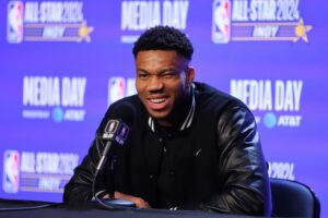 Giannis Antetokounmpo #34 of the Milwaukee Bucks speaks with the media.