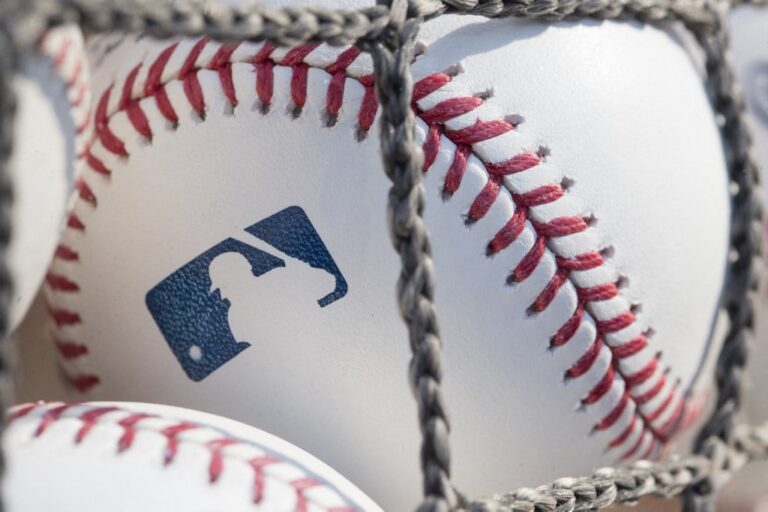 A baseball with MLB logo is seen at Citizens Bank Park before a game.