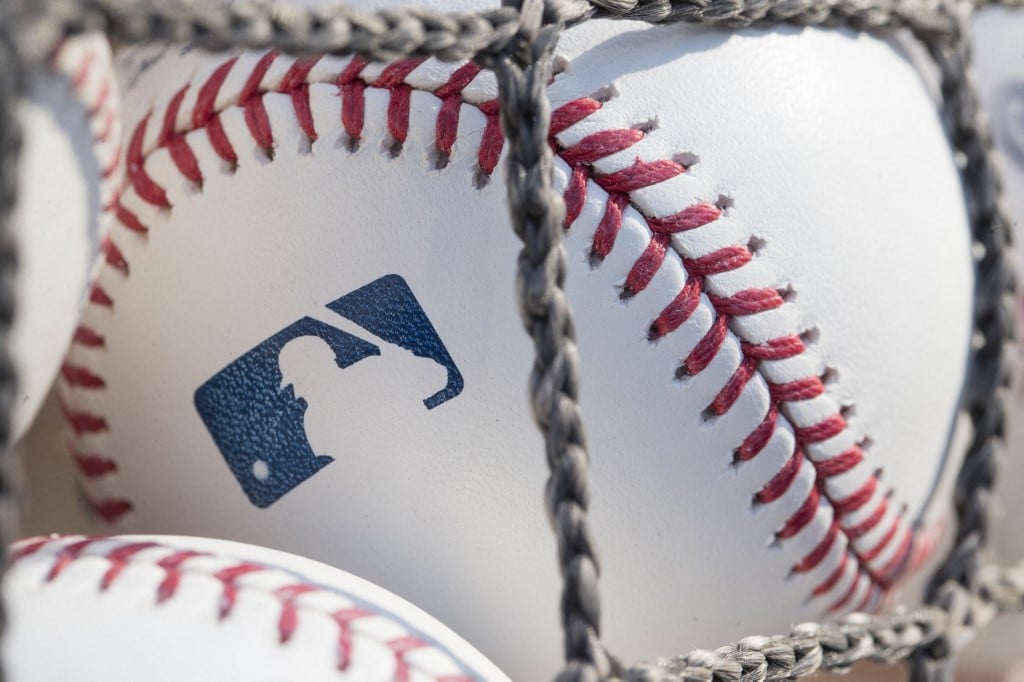 A baseball with MLB logo is seen at Citizens Bank Park before a game.